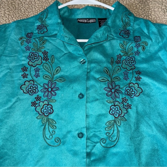 VTG Fashion Classics Sueded Long Sleeve Embroidered Bead Shirt/Jacket,Teal, Sz L - Picture 9 of 11